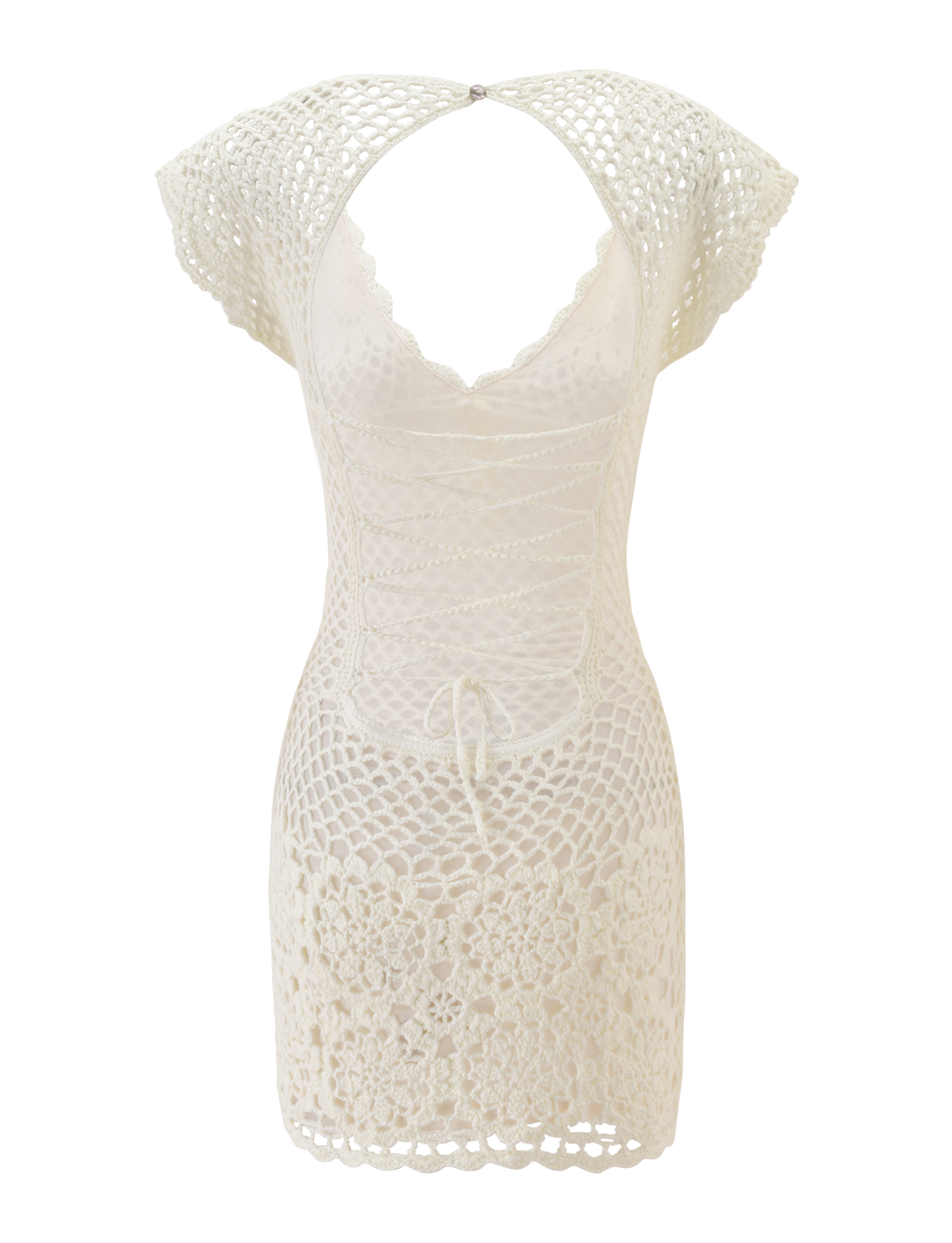 Glamcroft Mini Dress White Crochet with Scalloped Sleeves