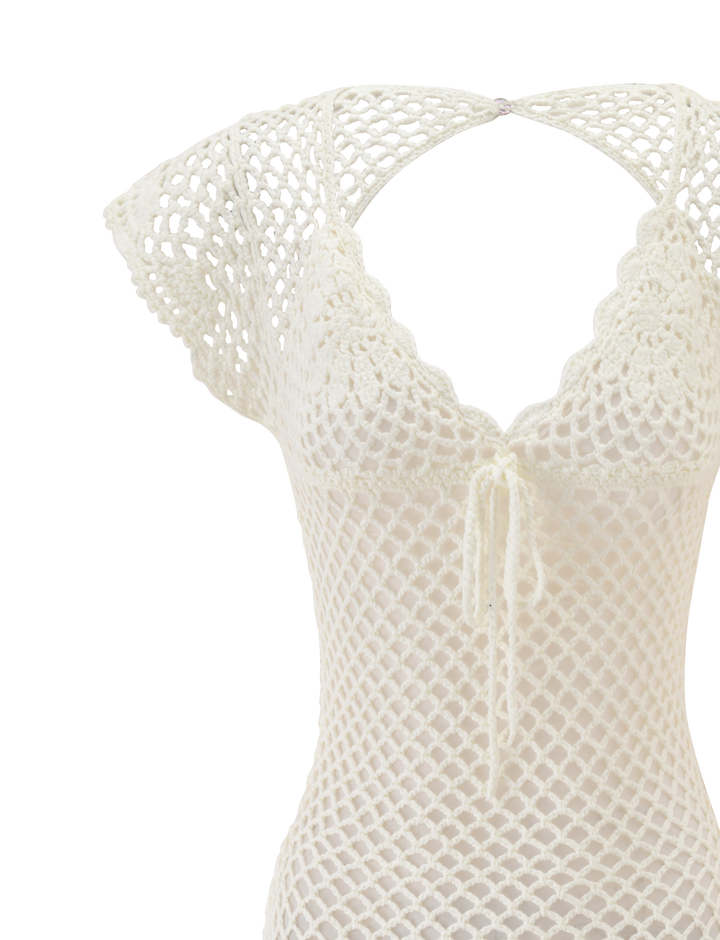Glamcroft Mini Dress White Crochet with Scalloped Sleeves