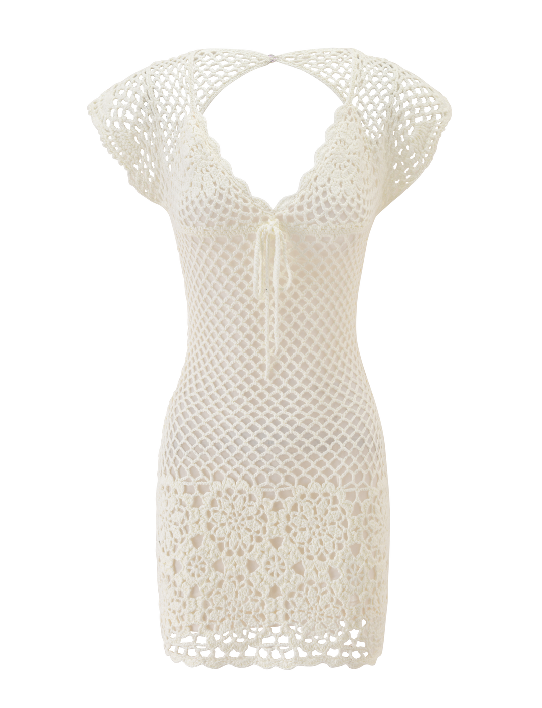 Glamcroft Mini Dress White Crochet with Scalloped Sleeves