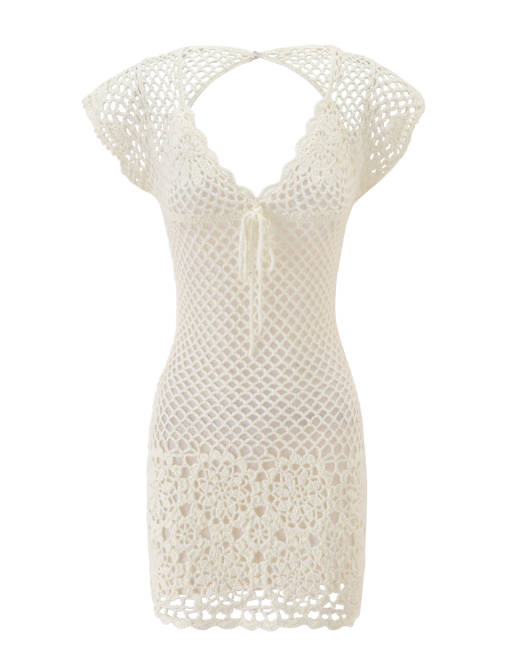 Glamcroft Mini Dress White Crochet with Scalloped Sleeves