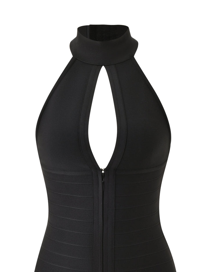 Glamcroft Mini Dress Black Body-Hugging High Neck Fit