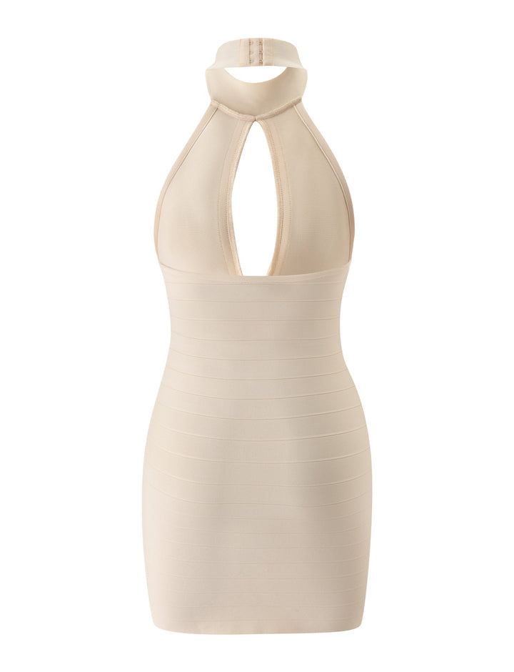 Glamcroft Mini Dress Cream Bandage with High Neck and Keyhole Cutout