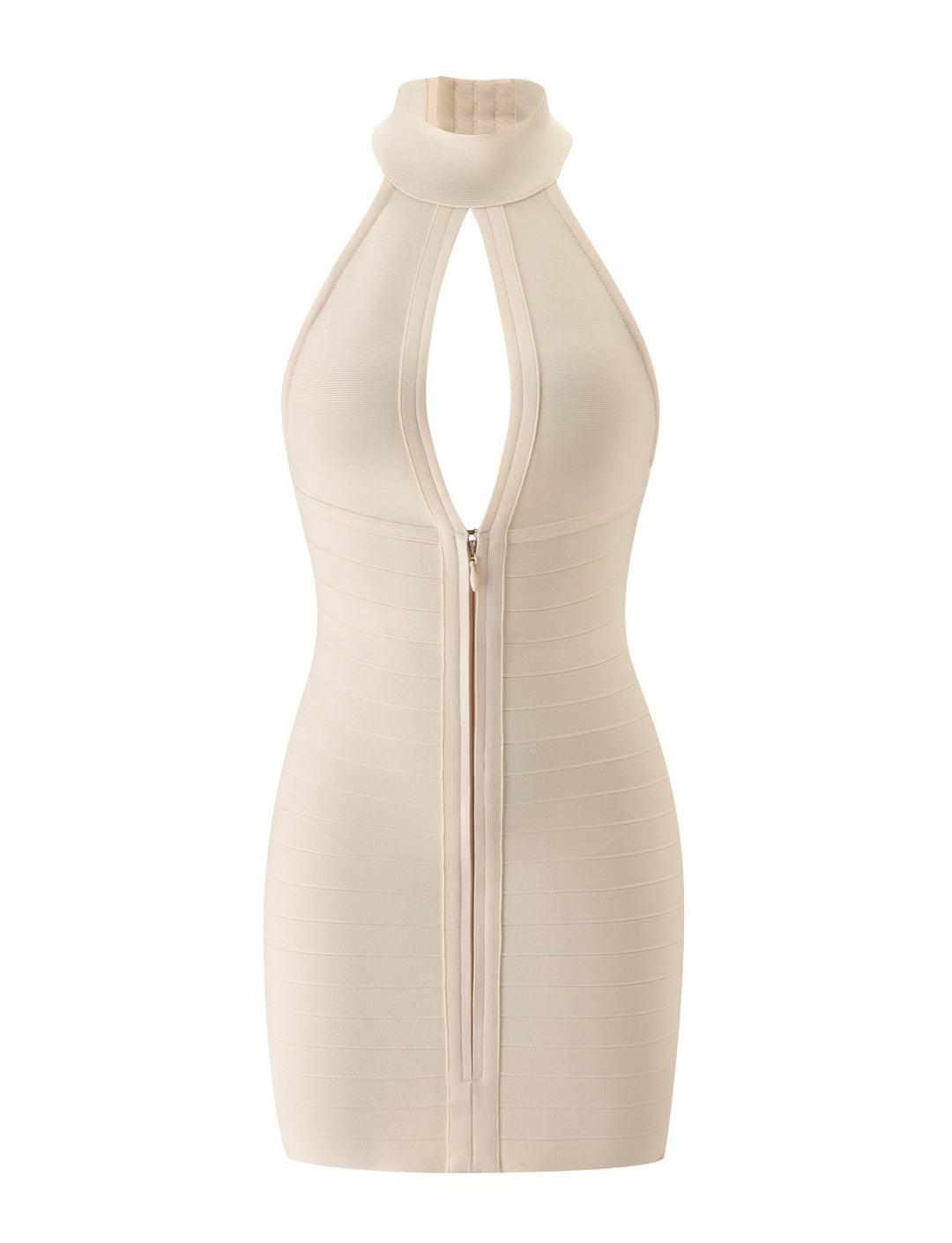 Glamcroft Mini Dress Cream Bandage with High Neck and Keyhole Cutout