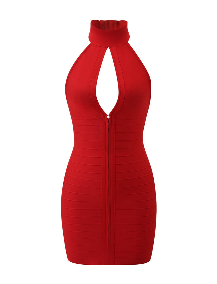 Glamcroft Red Mini Dress with High Neck and Keyhole Cutout