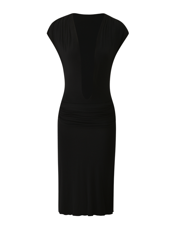 ARIELLA PLUNGE MIDI DRESS - BLACK