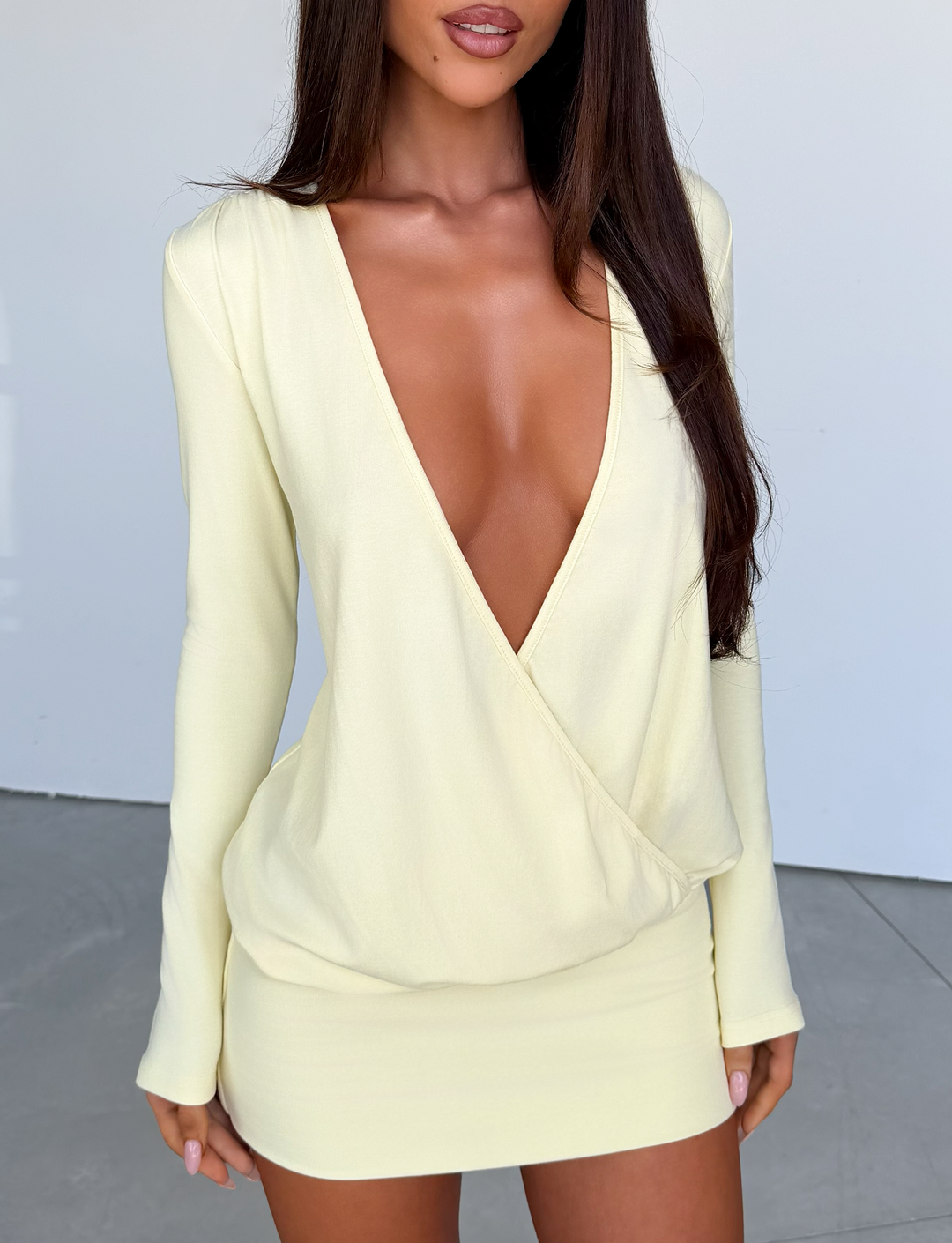Glamcroft Mini Dress in Pale Yellow with Wrap Detail