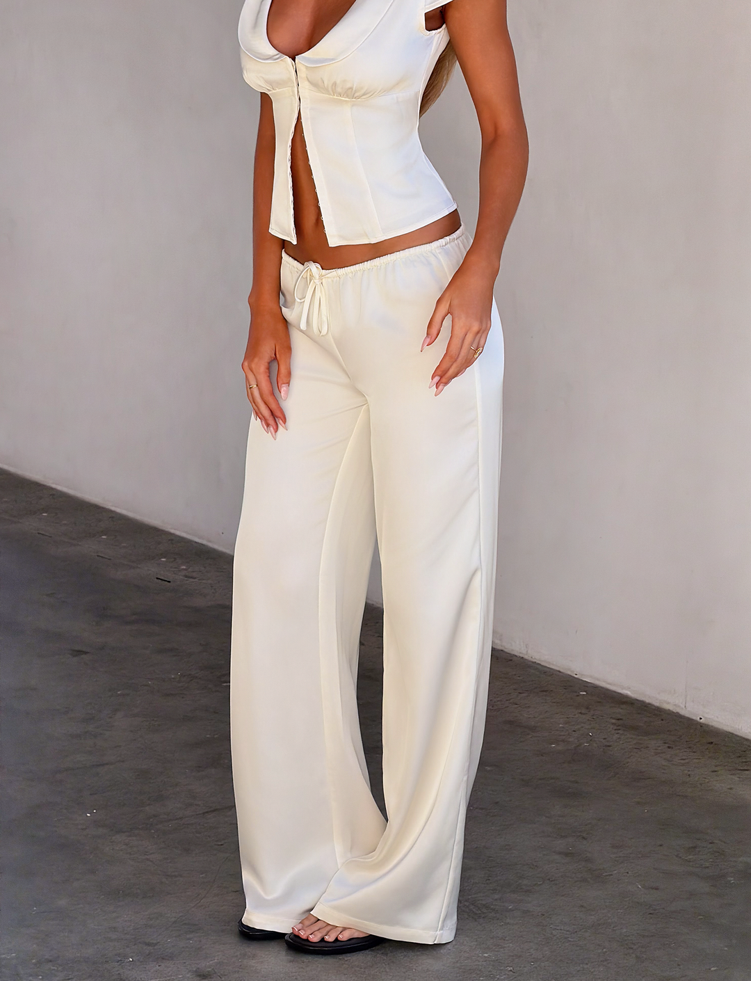 Glamcroft White Wide Leg Pants with Adjustable Drawstring