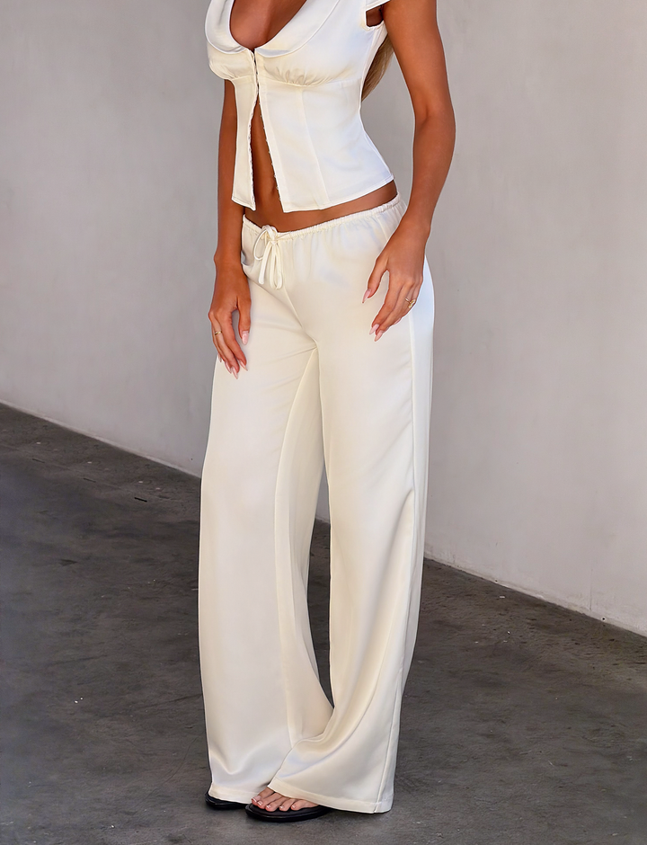 Glamcroft White Wide Leg Pants with Adjustable Drawstring