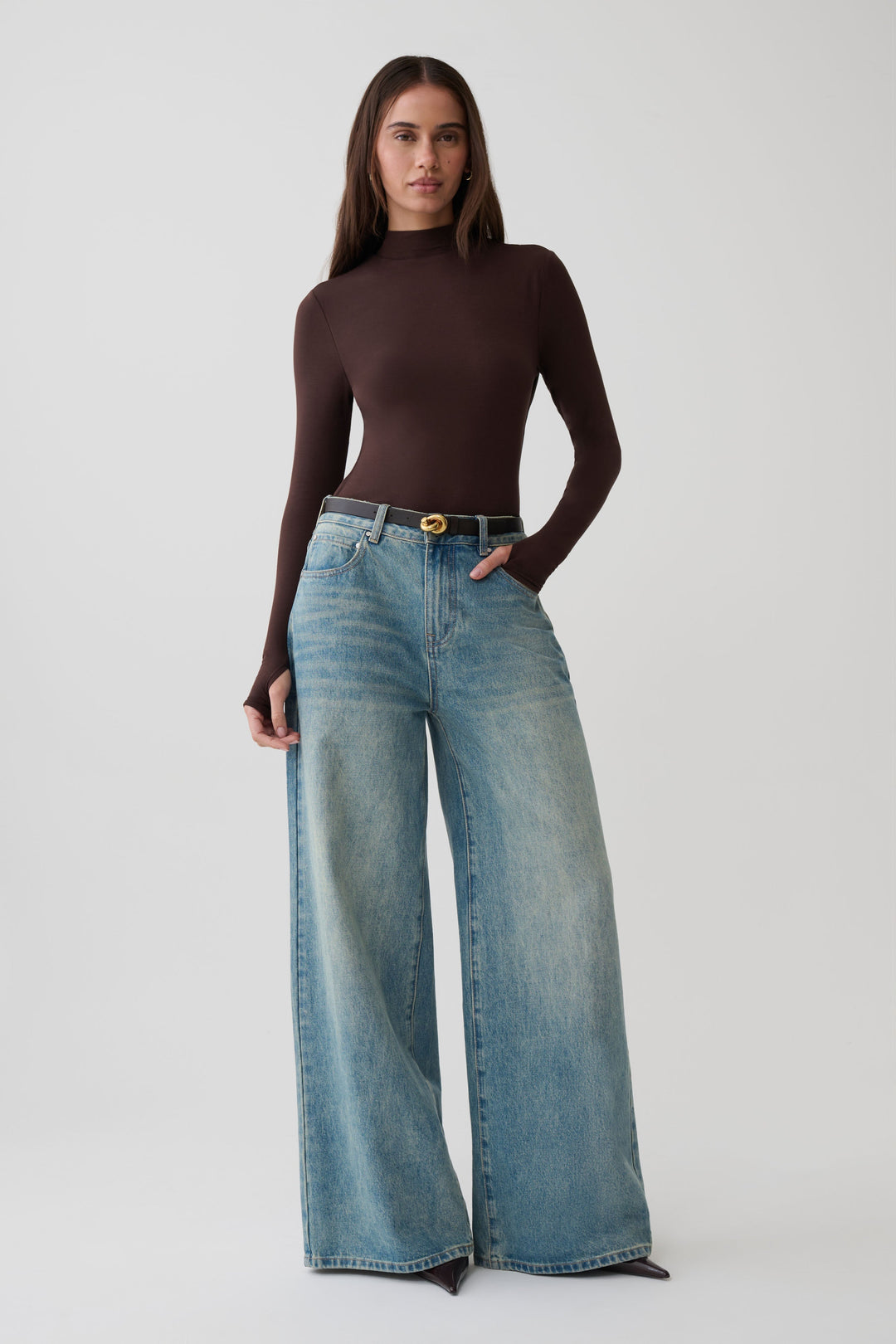 Glamcroft Longsleeve Roll Neck Top with Thumb Holes - Dark Chocolate