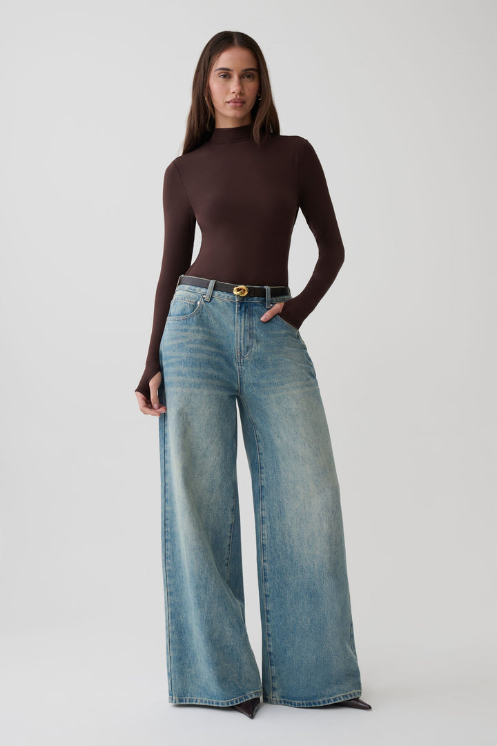 Glamcroft Longsleeve Roll Neck Top with Thumb Holes - Dark Chocolate