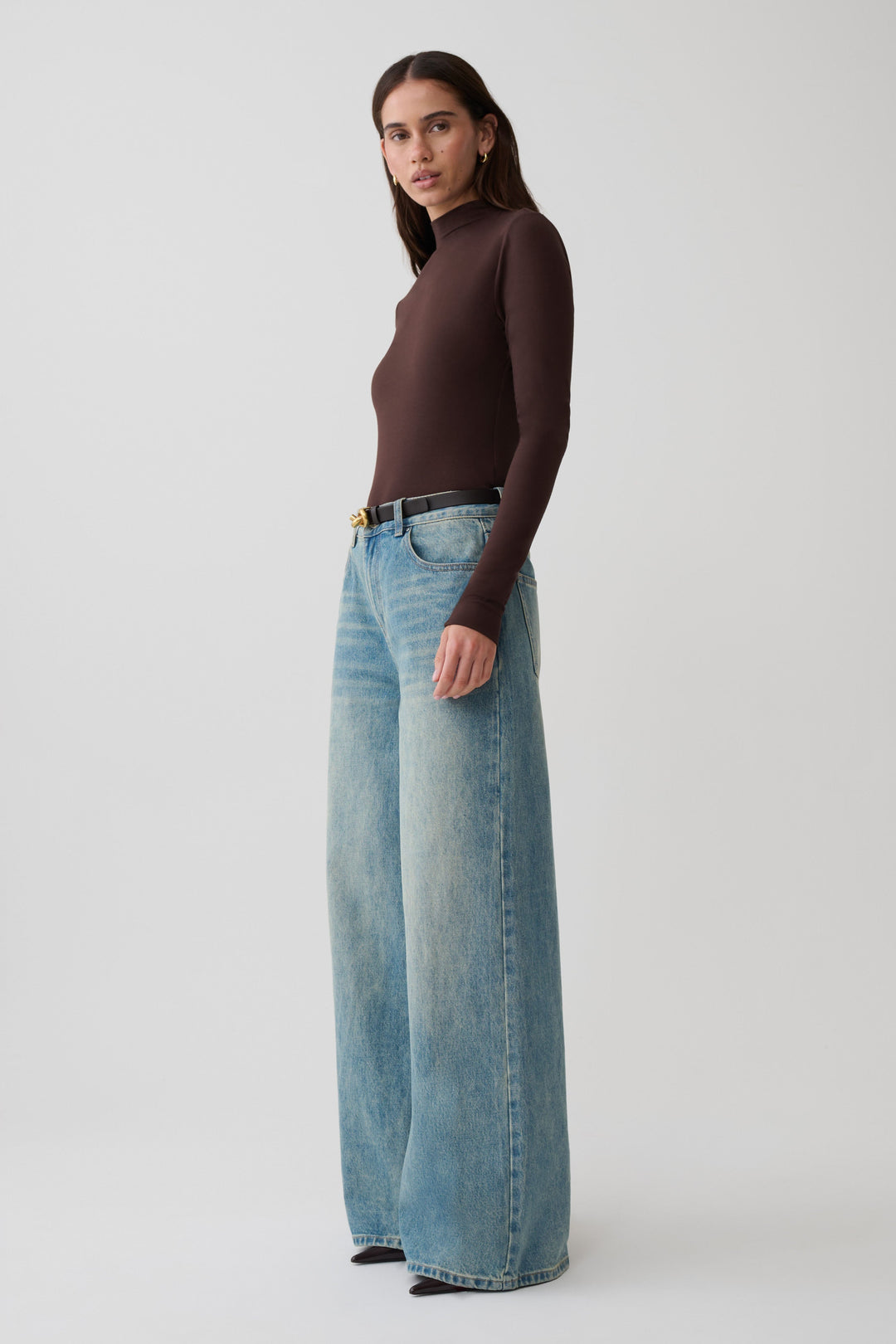 Glamcroft Longsleeve Roll Neck Top with Thumb Holes - Dark Chocolate