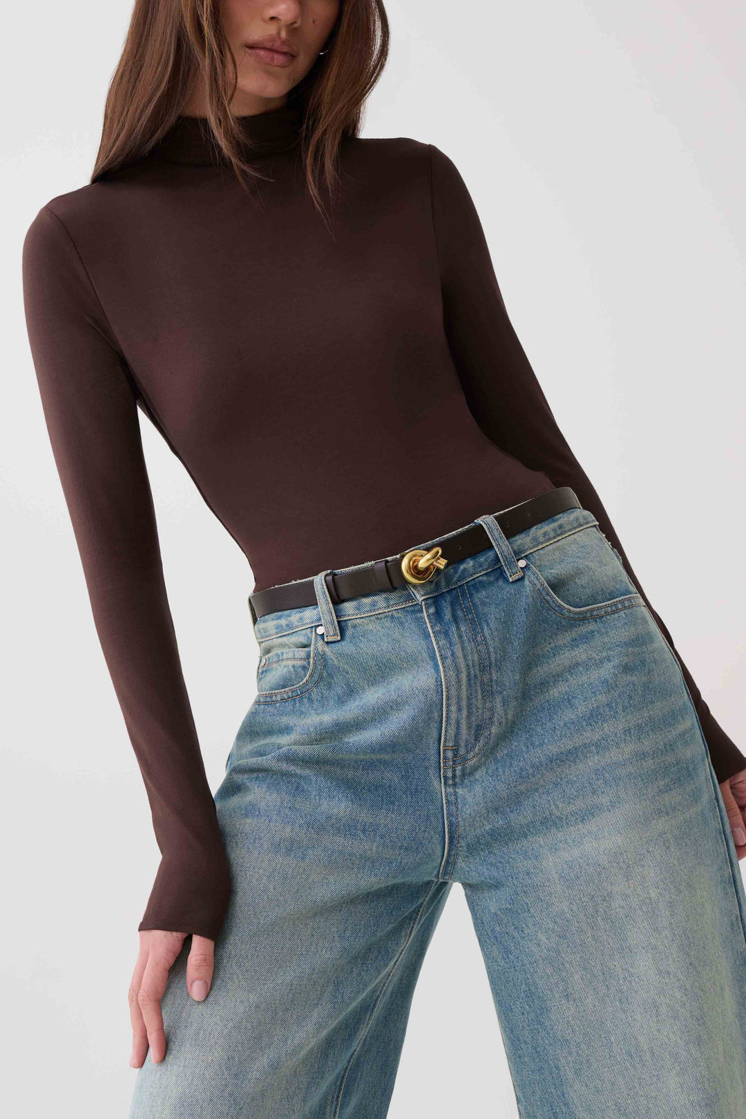 Glamcroft Longsleeve Roll Neck Top with Thumb Holes - Dark Chocolate