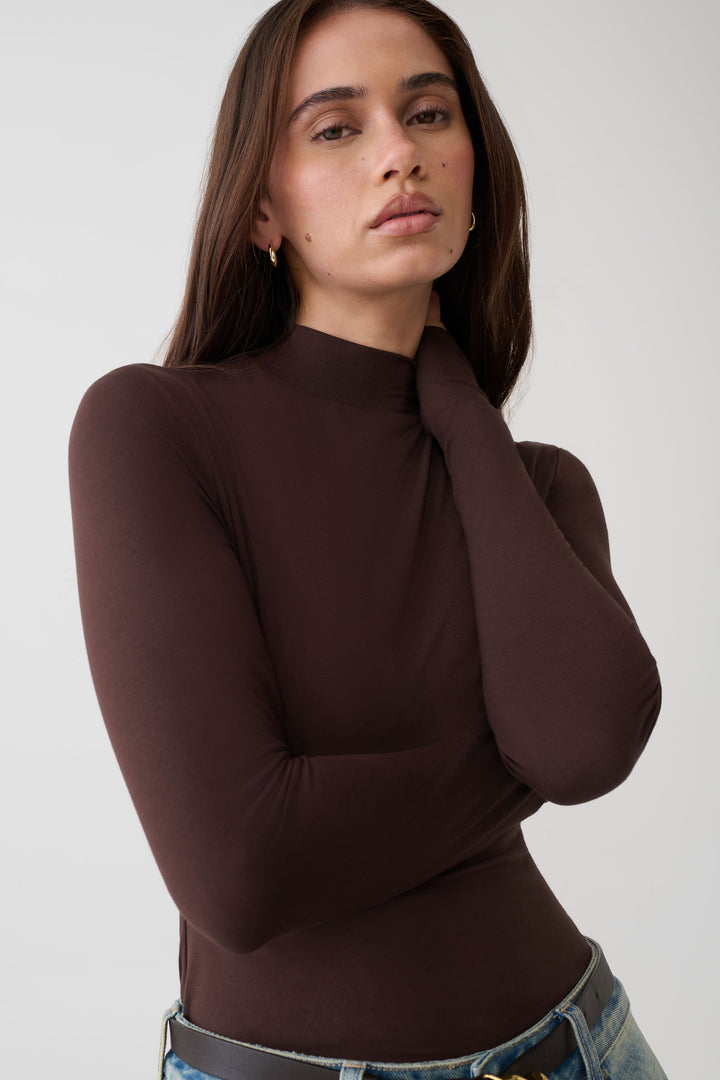 Glamcroft Longsleeve Roll Neck Top with Thumb Holes - Dark Chocolate