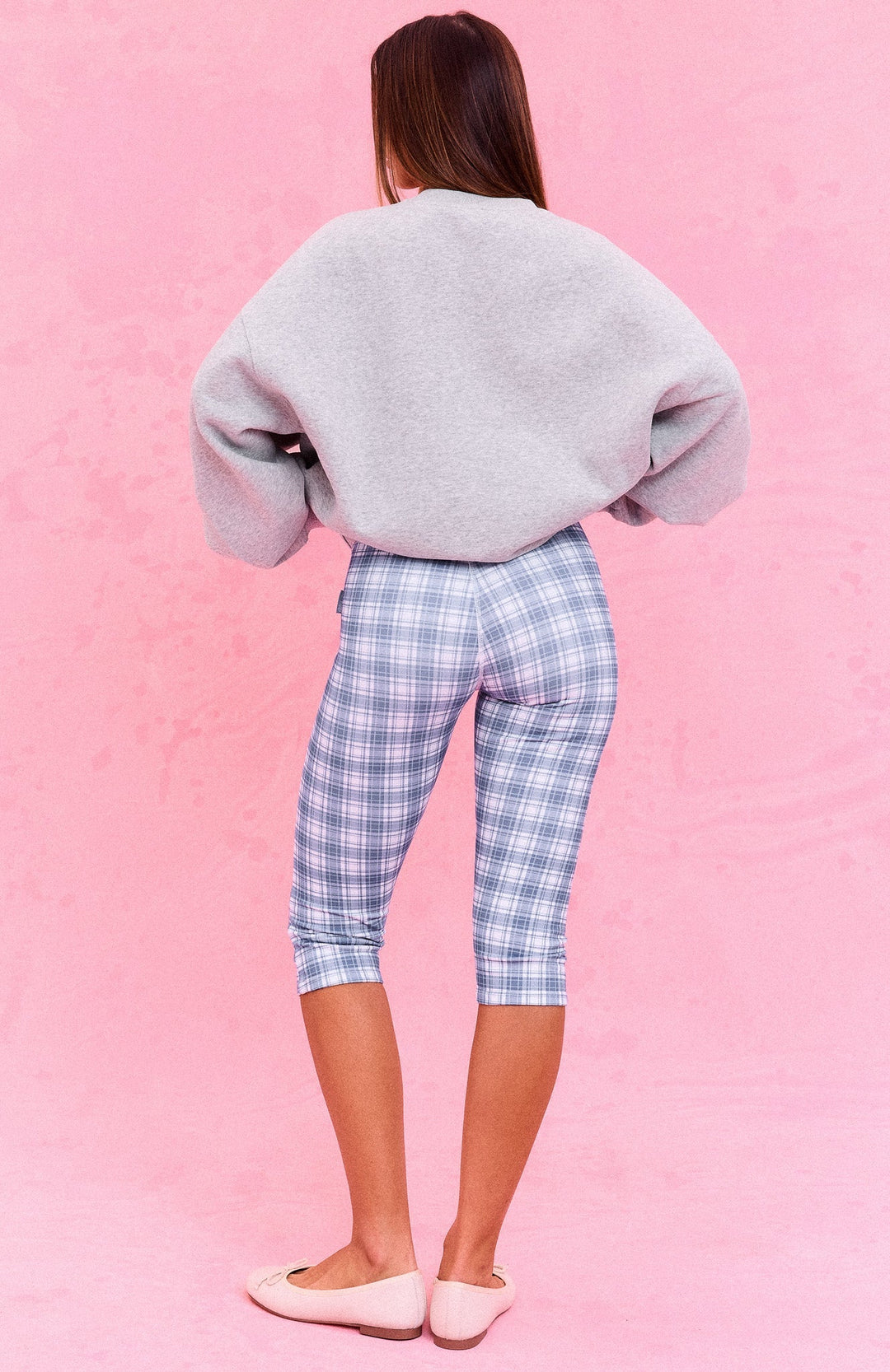 Glamcroft Capri Pants Fitted Blue Plaid with Elastic Waistband