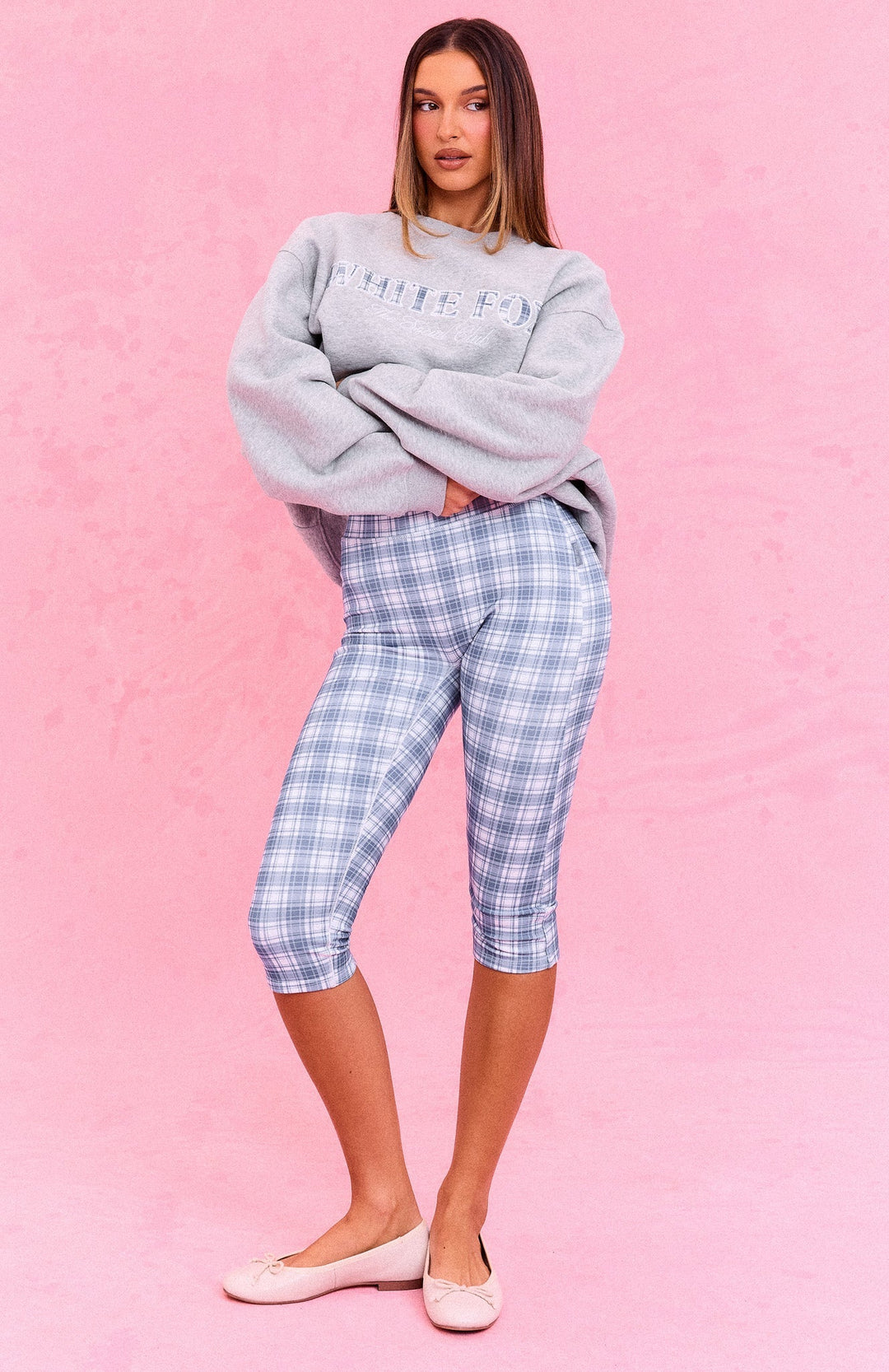 Glamcroft Capri Pants Fitted Blue Plaid with Elastic Waistband