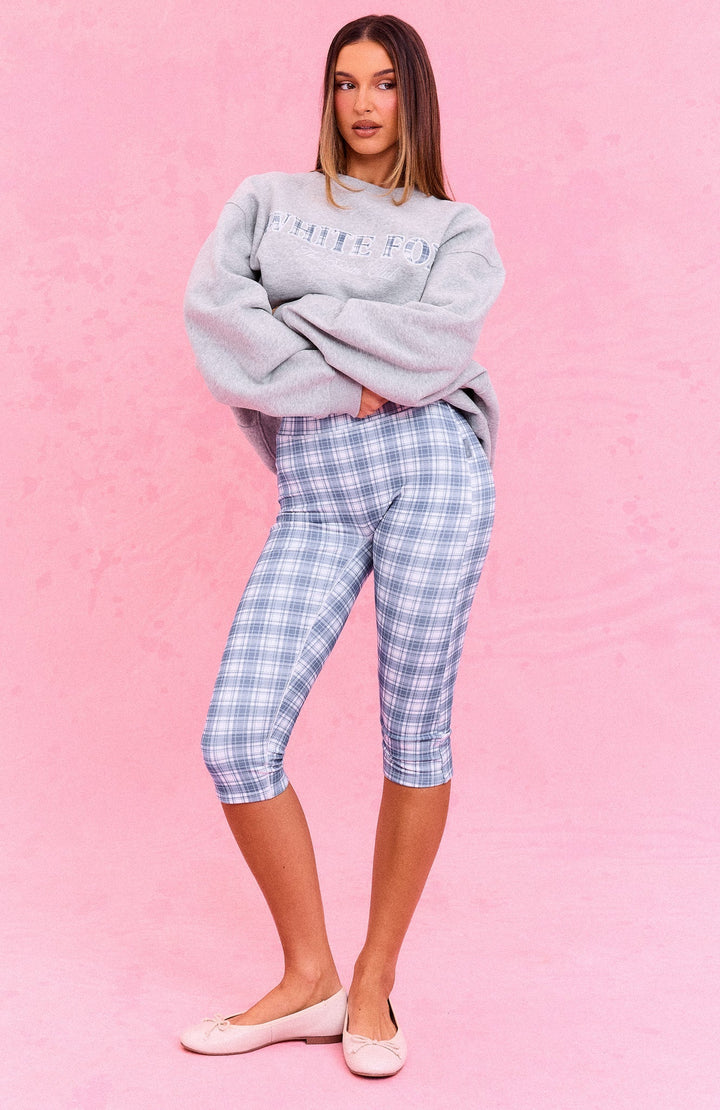 Glamcroft Capri Pants Fitted Blue Plaid with Elastic Waistband