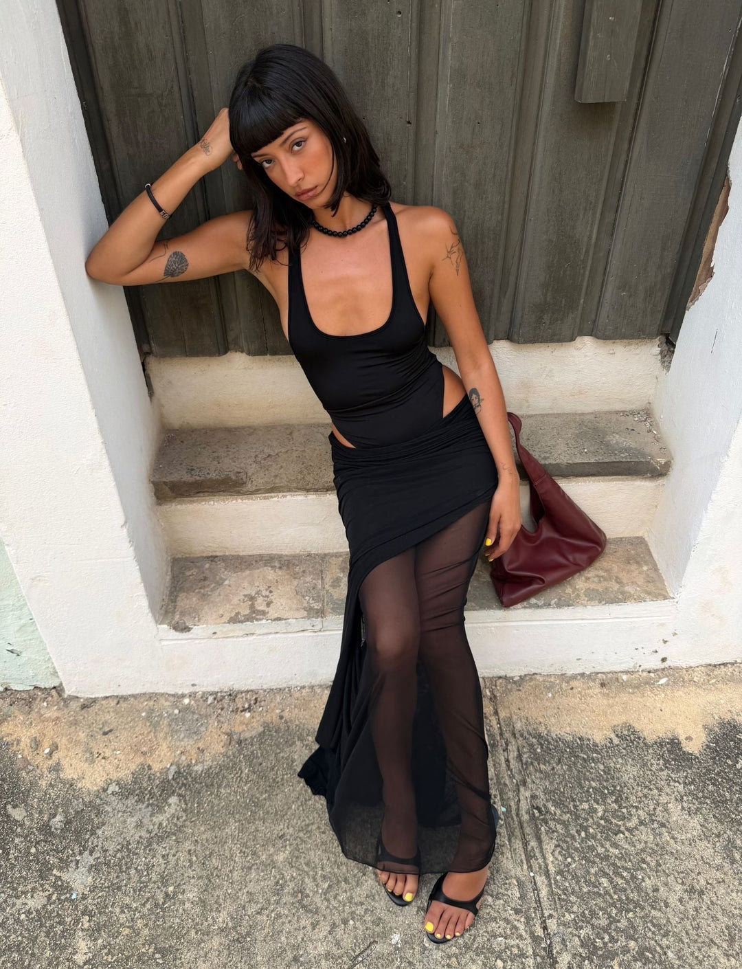 Glamcroft Maxi Dress with Slinky Bodysuit and Mesh Skirt