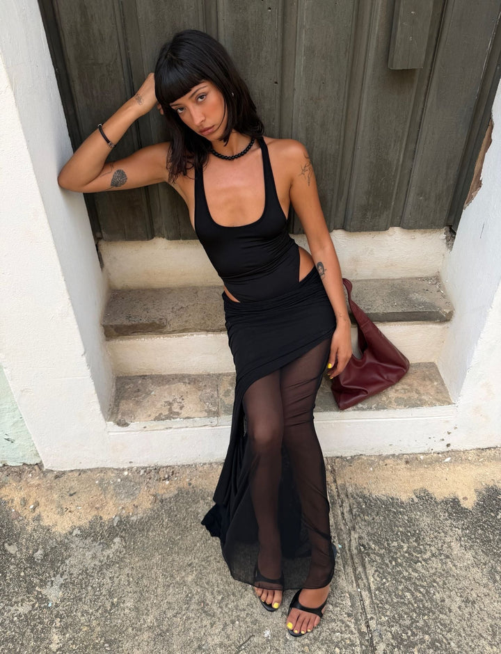Glamcroft Maxi Dress with Slinky Bodysuit and Mesh Skirt