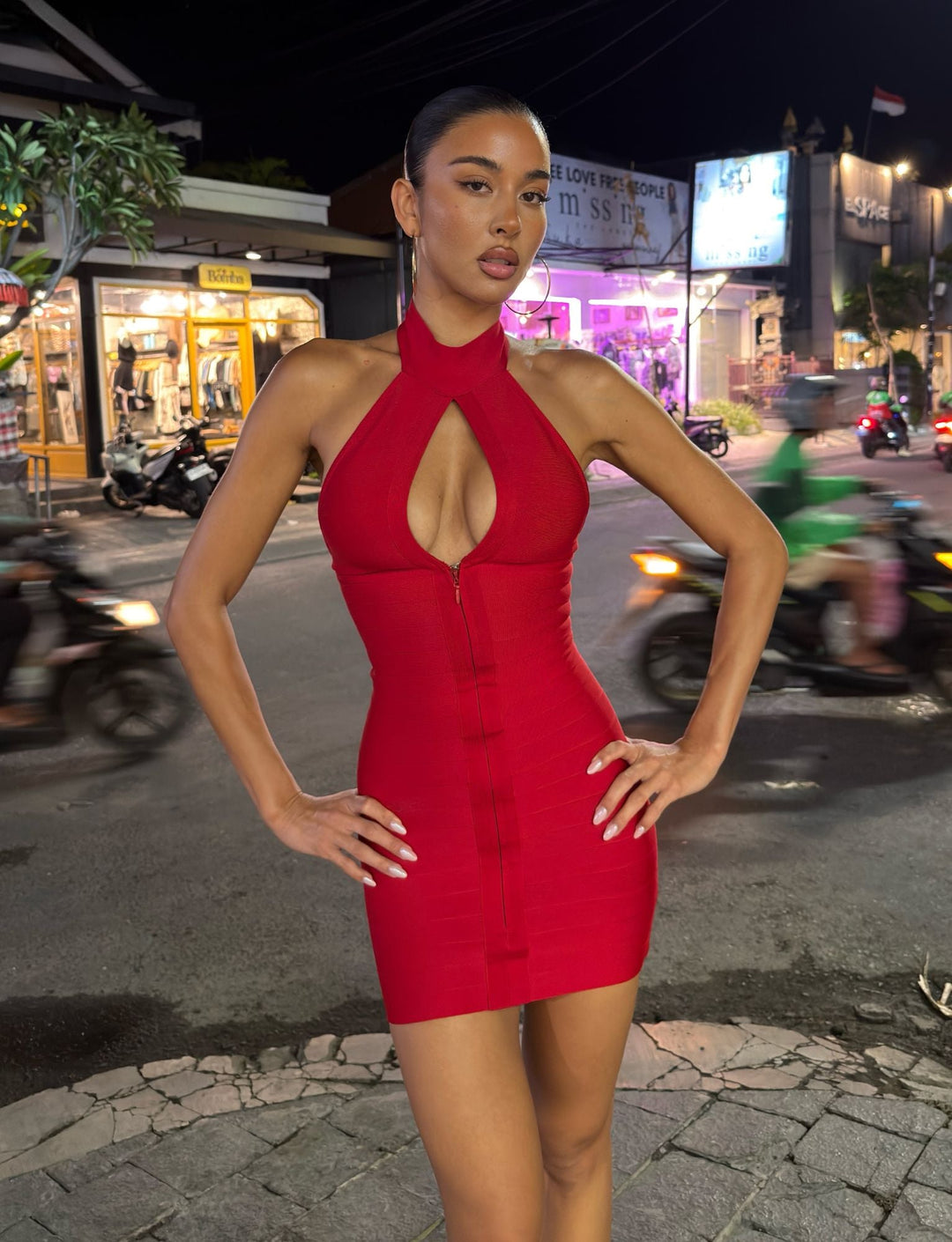 Glamcroft Red Mini Dress with High Neck and Keyhole Cutout