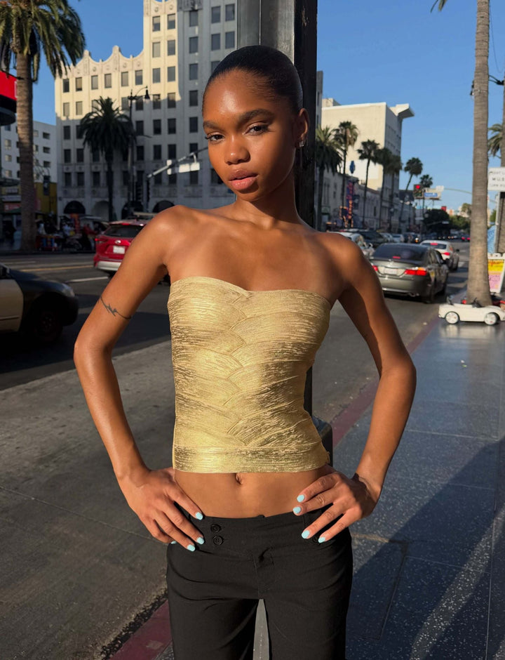 Glamcroft Strapless Gold Bandage Corset Top with Sweetheart Neckline