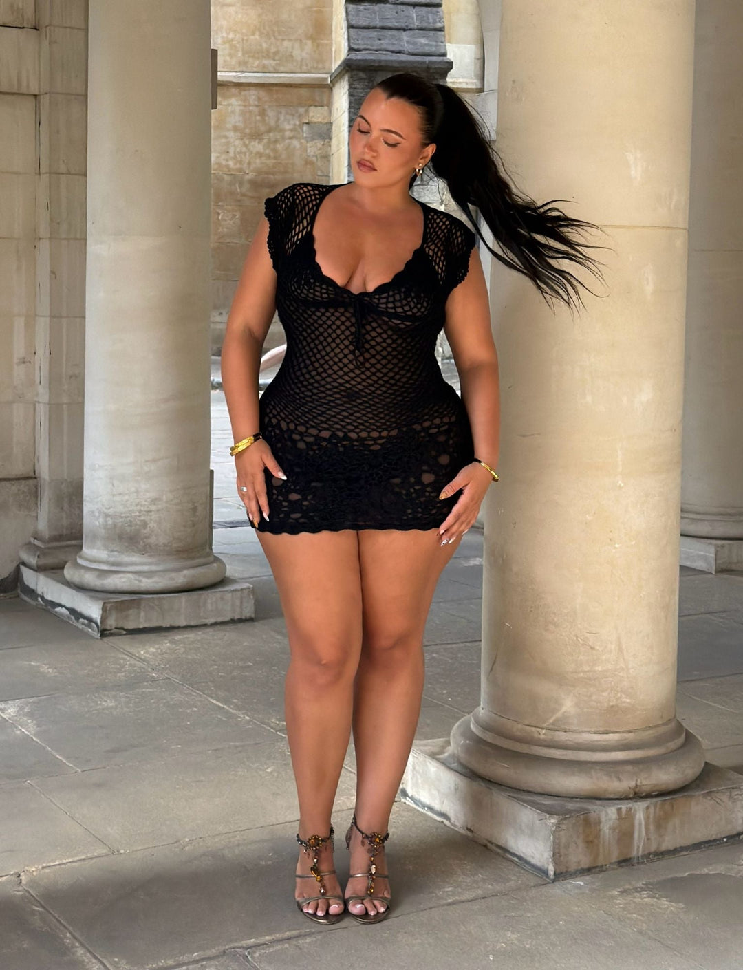 Glamcroft Mini Dress Black Crochet with Lace Up Back