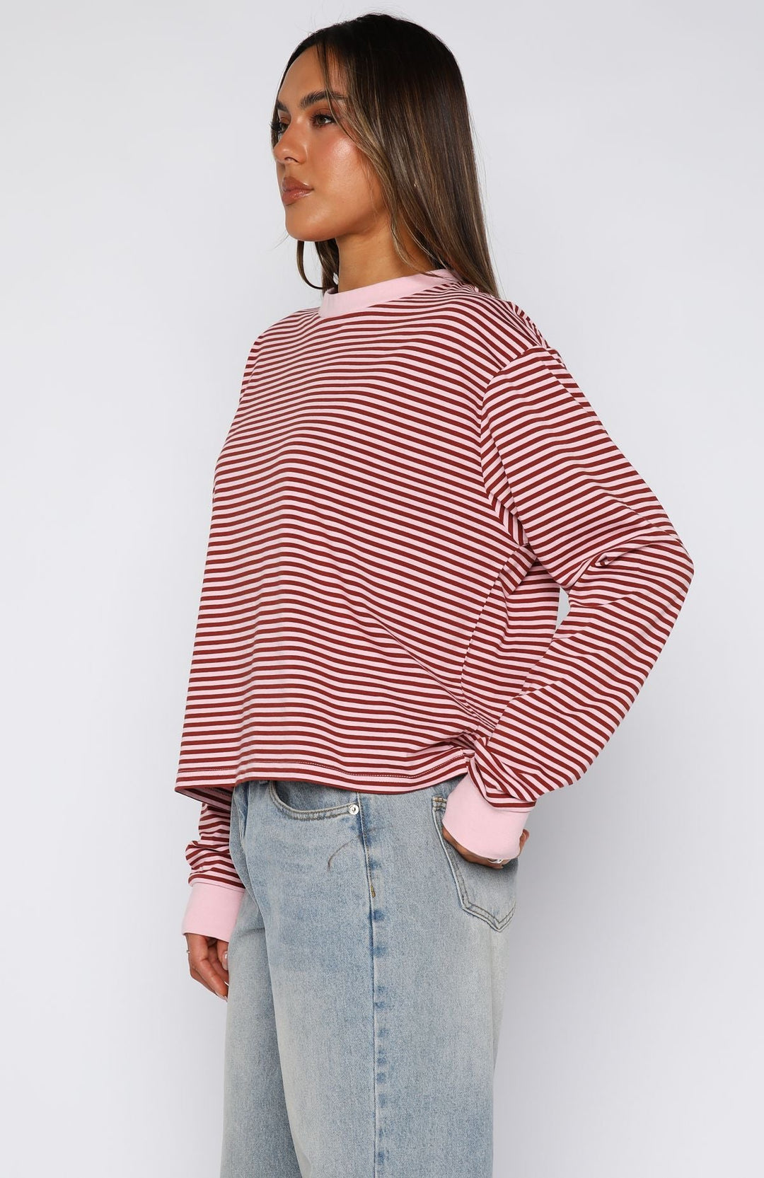 Glamcroft Long Sleeve Tee Pink Stripe Relaxed Fit Crew Neck