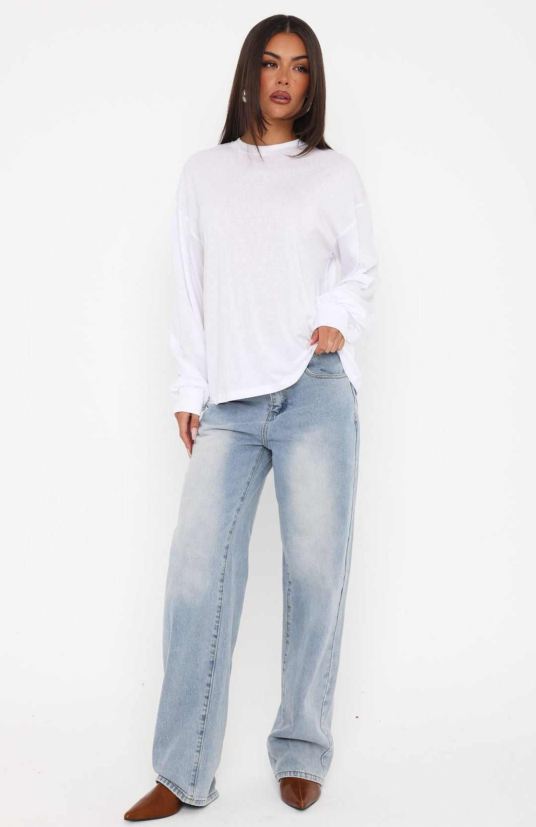 Glamcroft Oversized Long Sleeve Tee with Crew Neckline