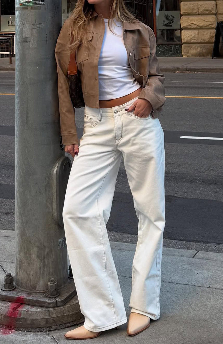 Glamcroft Denim Low Rise Wide Leg Jeans Off White