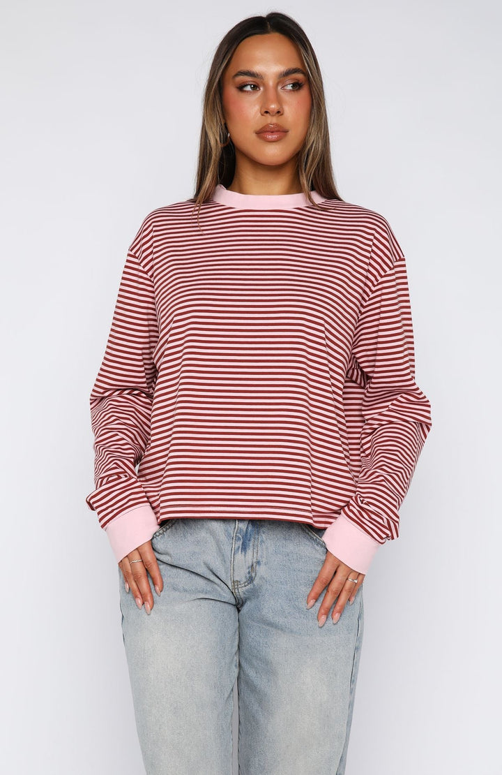 Glamcroft Long Sleeve Tee Pink Stripe Relaxed Fit Crew Neck
