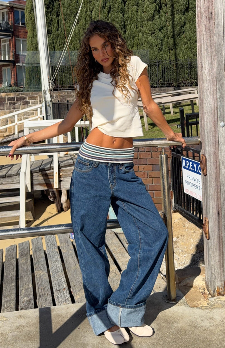 Glamcroft Denim Low Rise Wide Leg Jeans Dark Blue Wash
