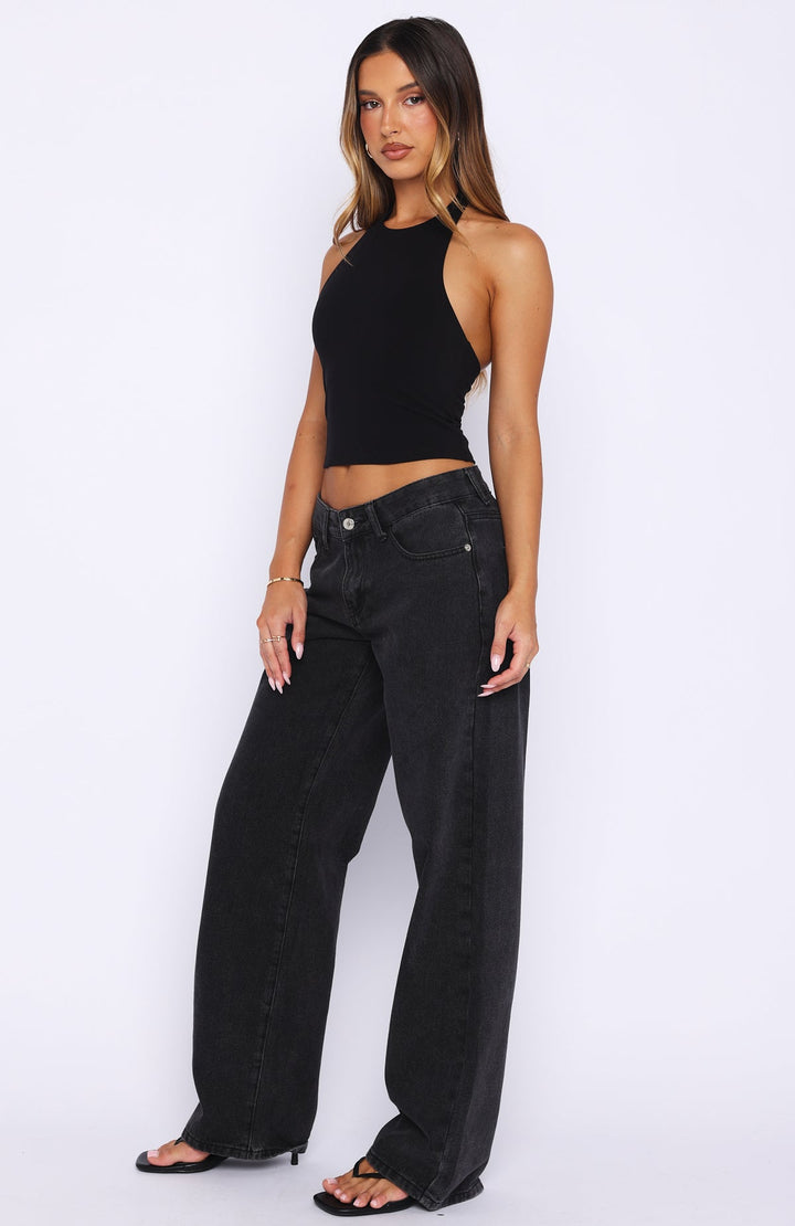 Glamcroft Denim Low Rise Wide Leg Jeans Black Acid Wash