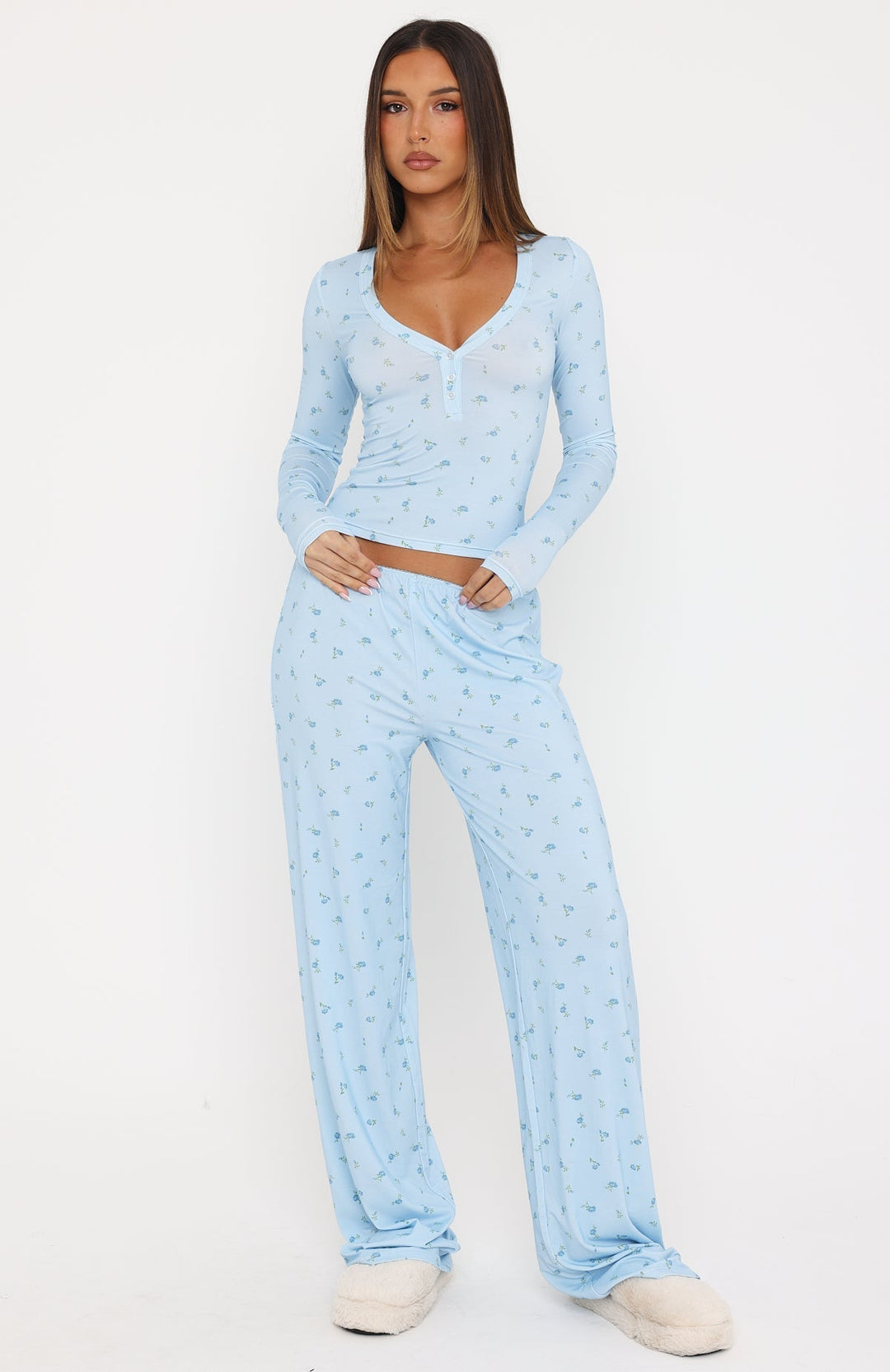 Glamcroft Intimates Blue Ditsy Pyjama Pants with Lace Trim