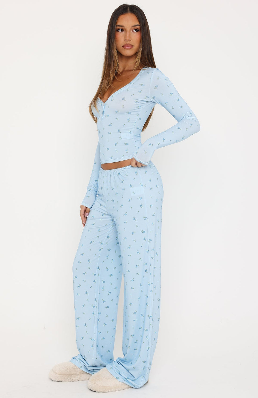 Glamcroft Intimates Blue Ditsy Pyjama Pants with Lace Trim