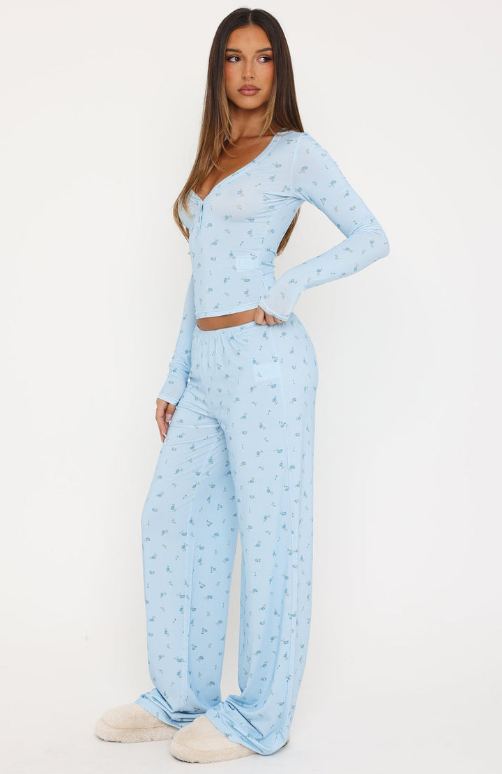 Glamcroft Intimates Blue Ditsy Pyjama Pants with Lace Trim