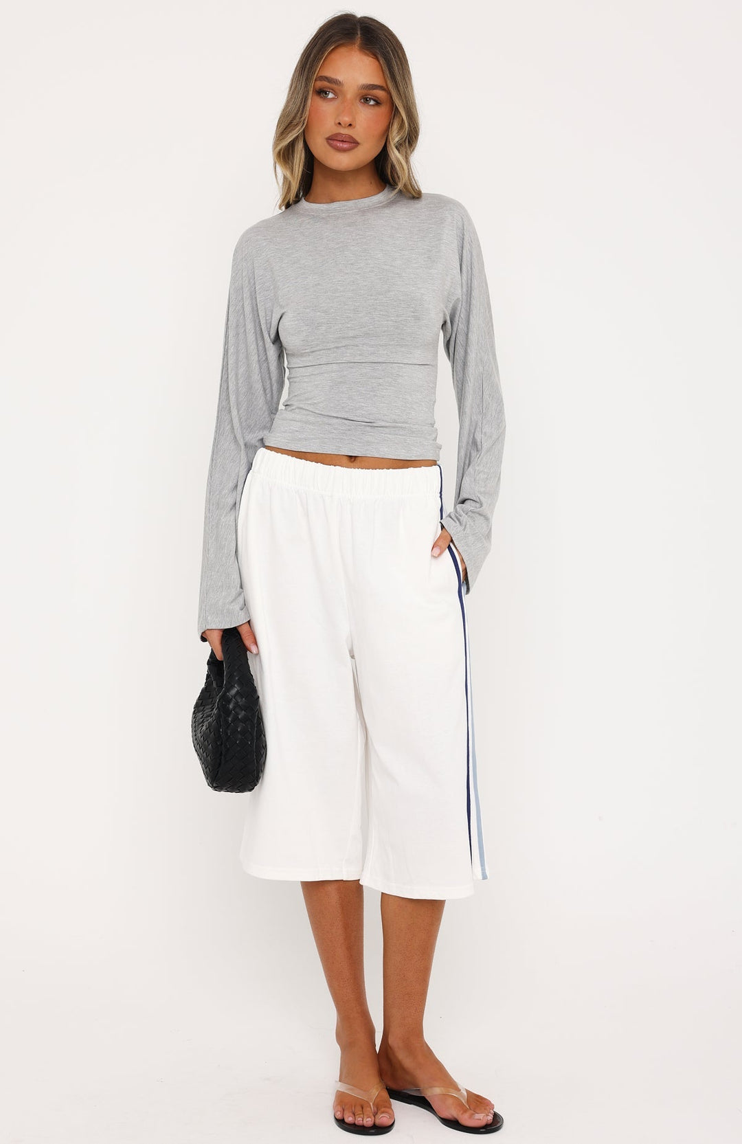 Glamcroft Tops Cinched Waist Long Sleeve Top Grey Marle