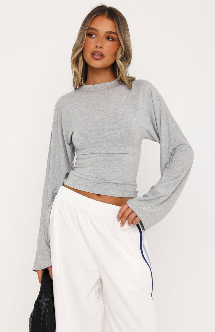 Glamcroft Tops Cinched Waist Long Sleeve Top Grey Marle