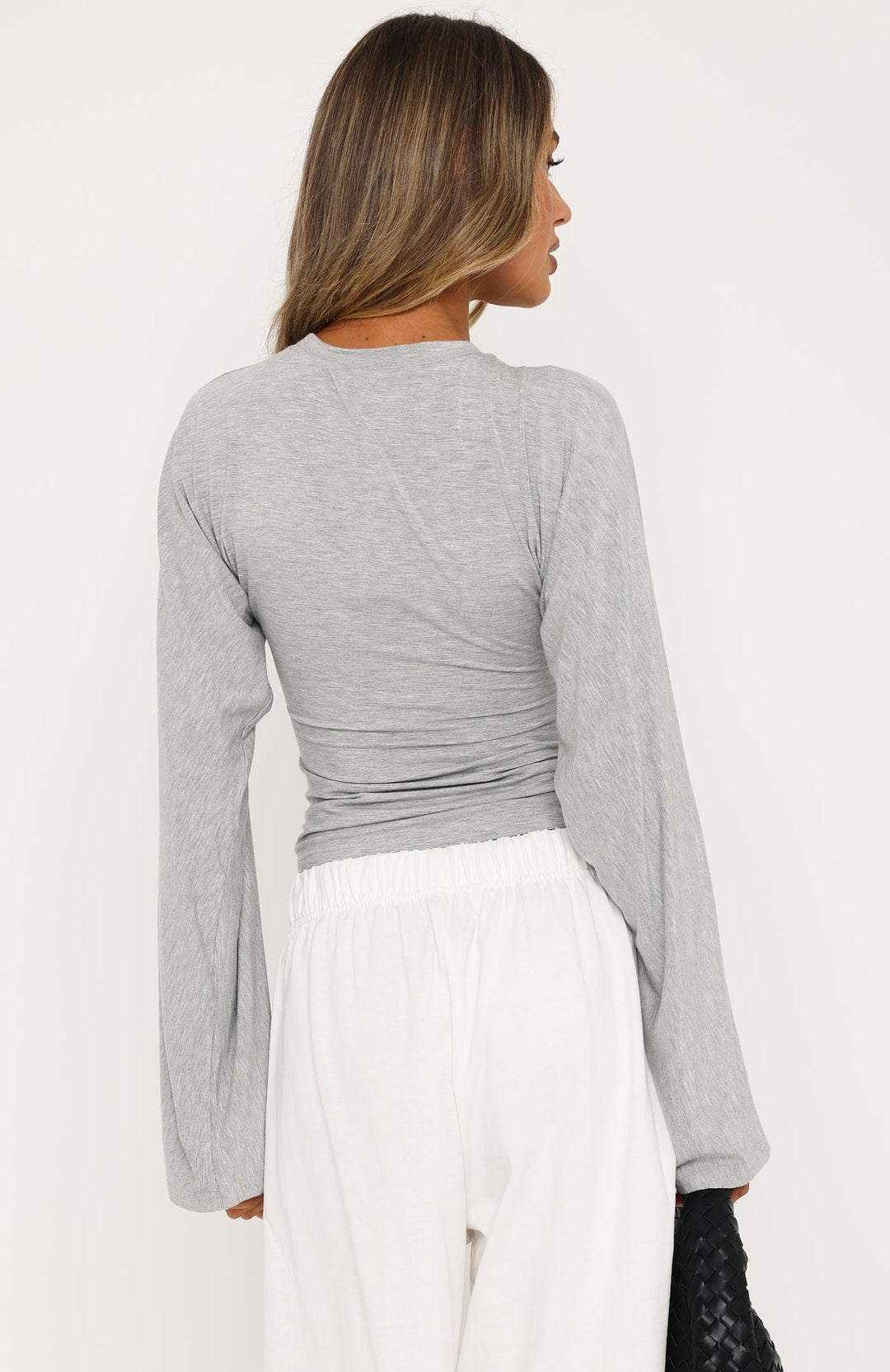 Glamcroft Tops Cinched Waist Long Sleeve Top Grey Marle