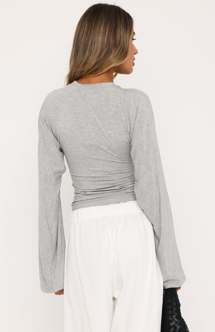 Glamcroft Tops Cinched Waist Long Sleeve Top Grey Marle