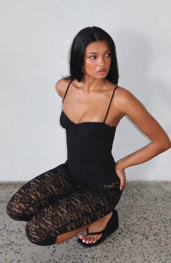 Glamcroft Lace Capri Pants Black with Elastic Waistband