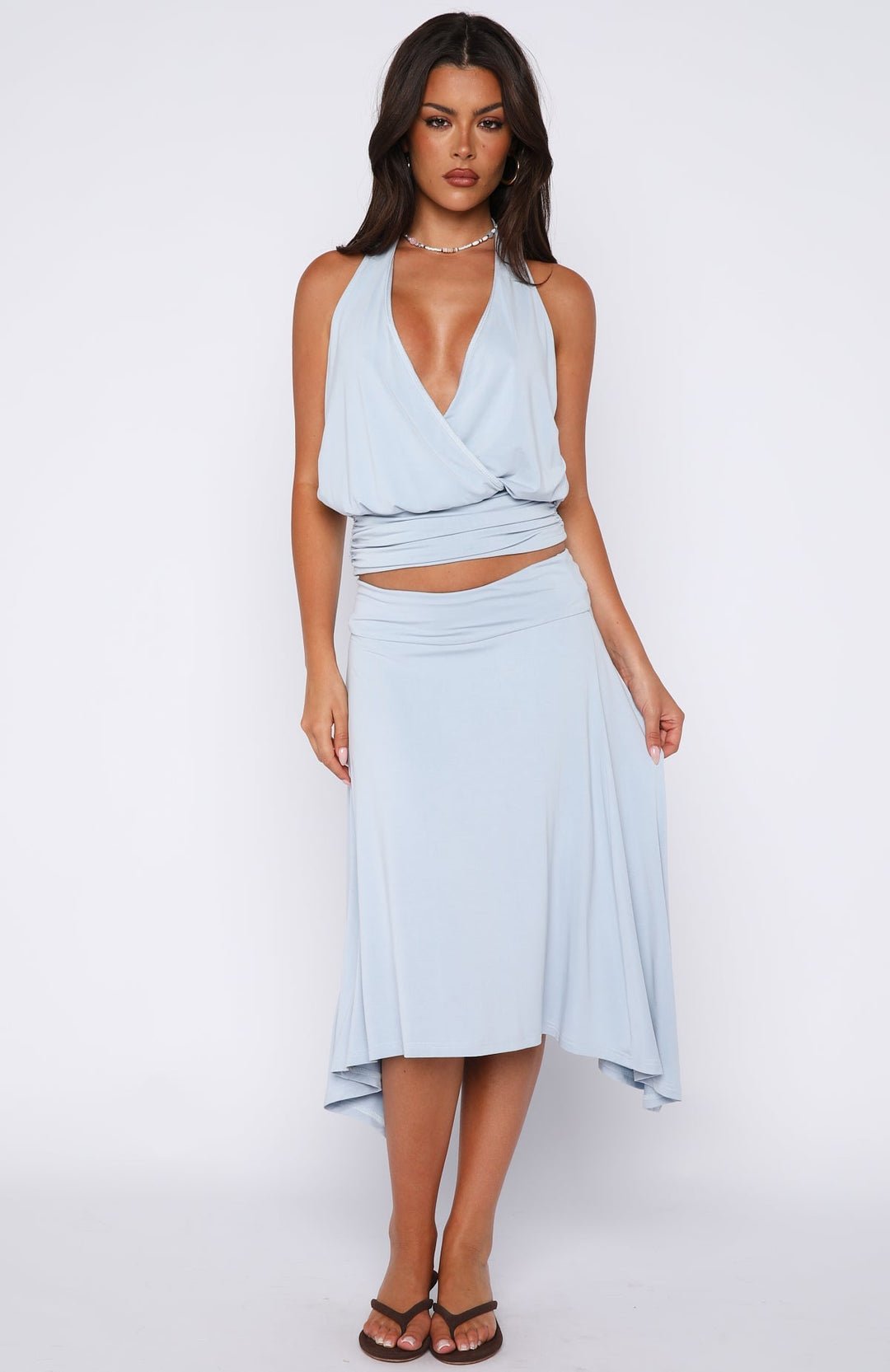 Glamcroft Midi Skirt Baby Blue Elastic Waistband High Stretch