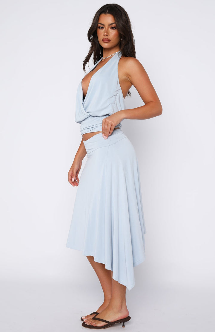 Glamcroft Midi Skirt Baby Blue Elastic Waistband High Stretch