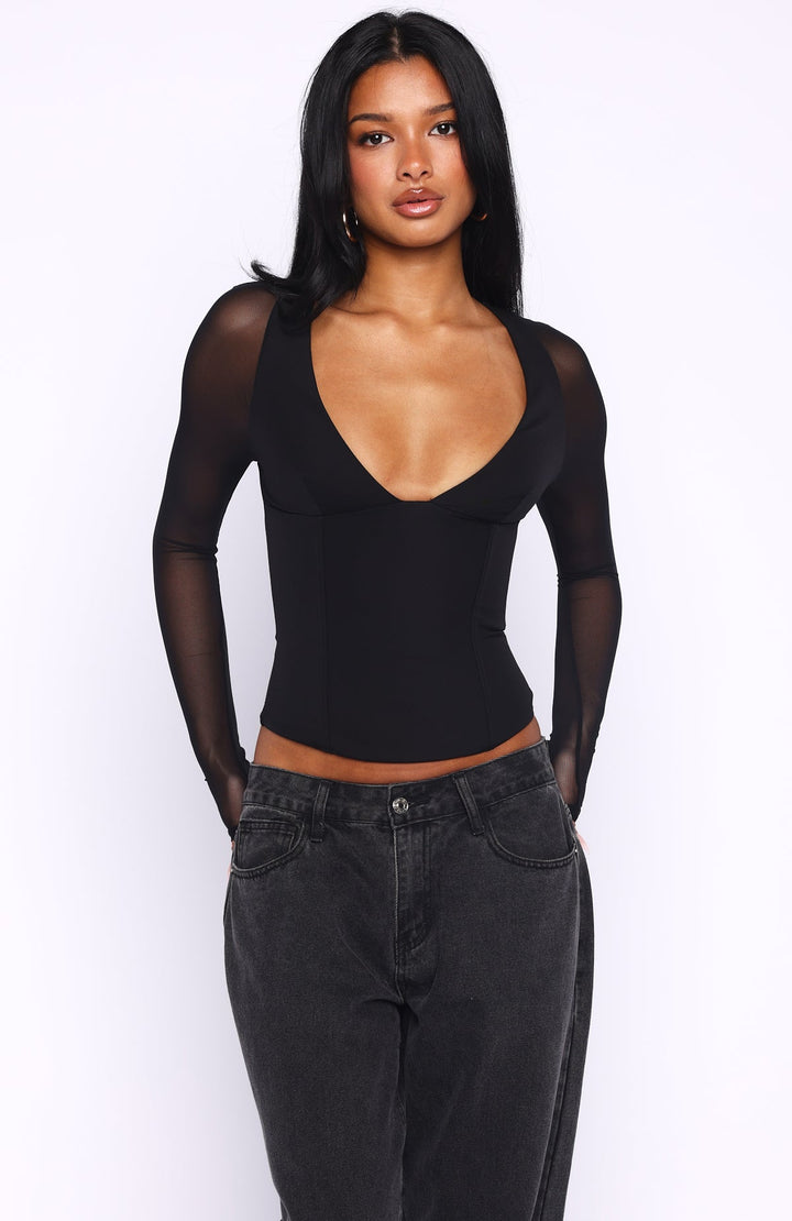 Glamcroft Long Sleeve Top with Plunge Neckline and Open Back
