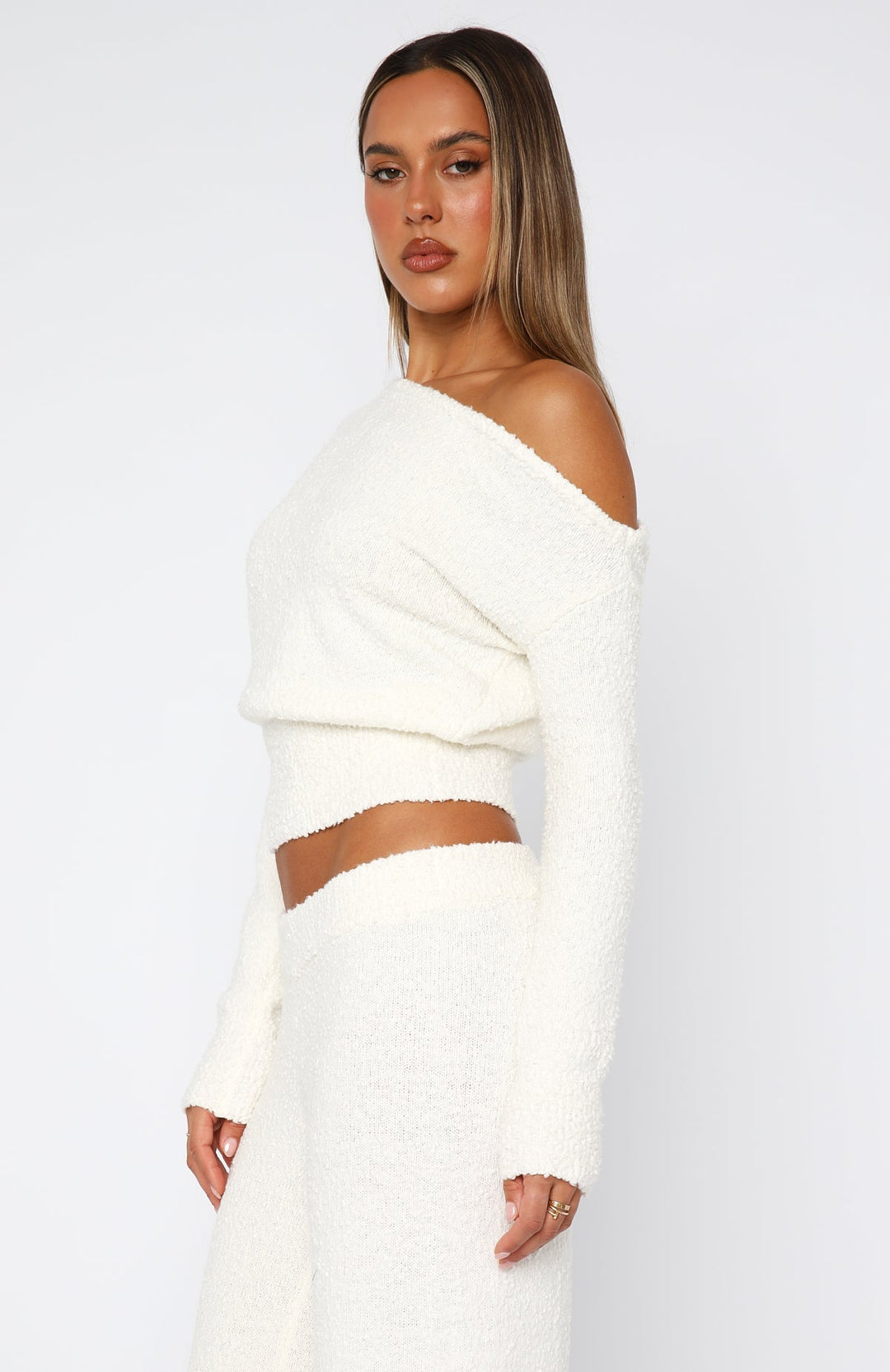 Glamcroft Outerwear Knit Sweater One Shoulder Long Sleeve Off White