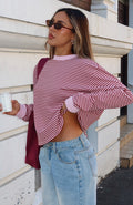 Glamcroft Long Sleeve Tee Pink Stripe Relaxed Fit Crew Neck